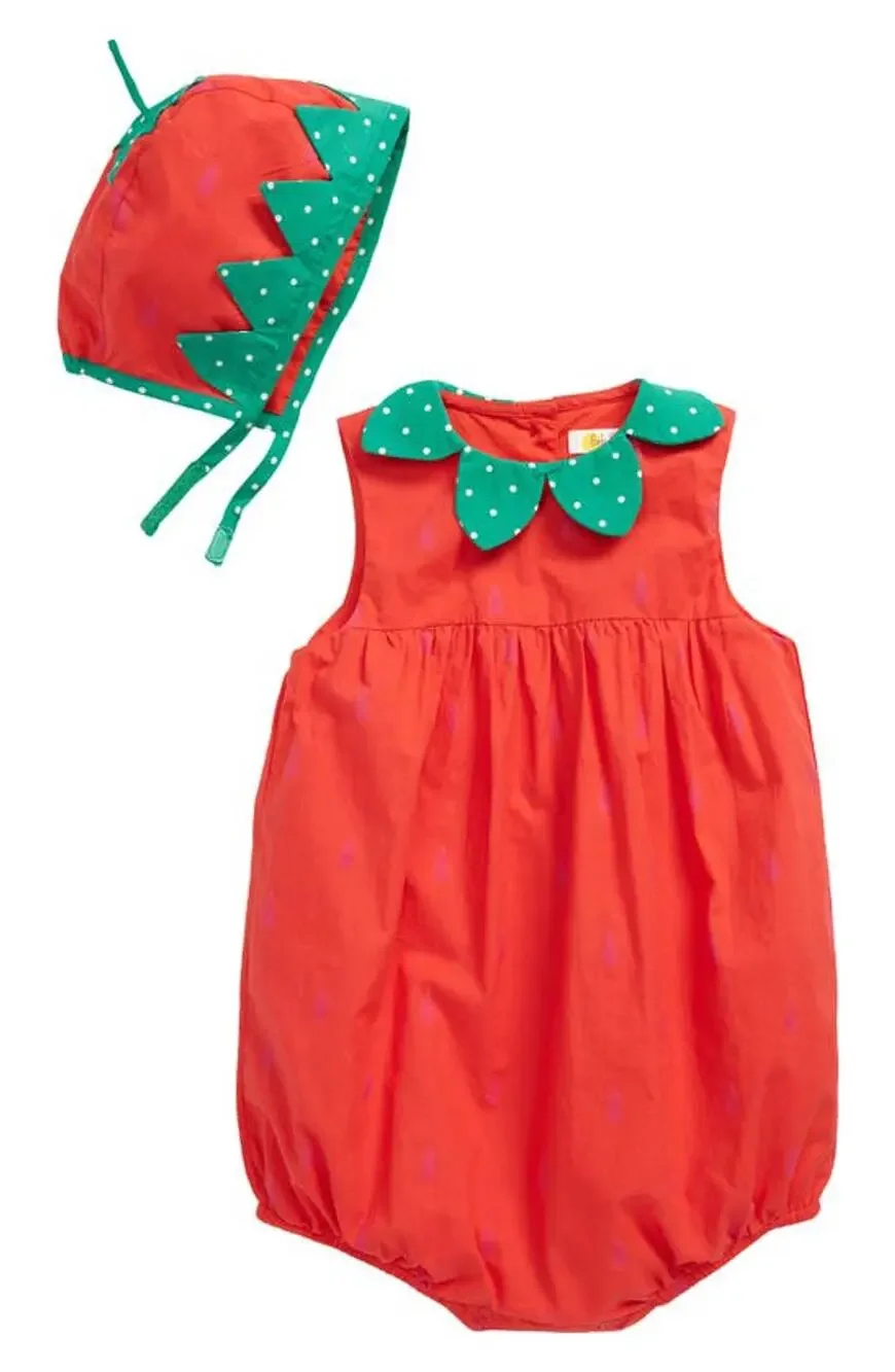 Baby Boden Strawberry Romper & bonnset set 6-9 months